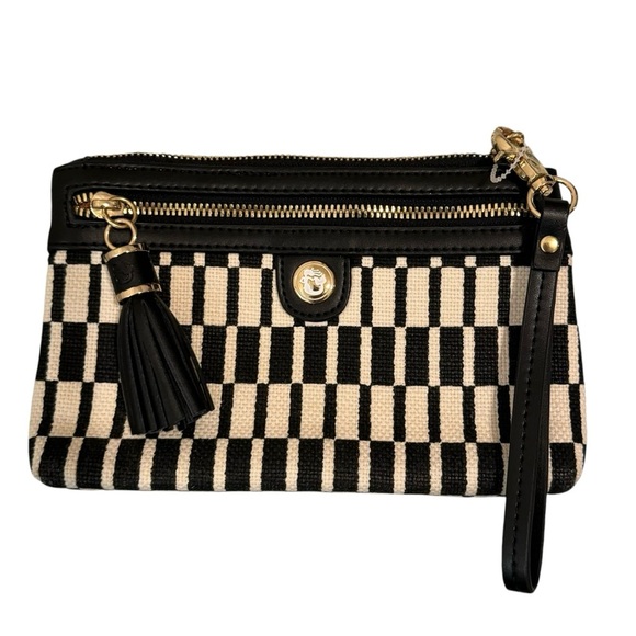 Spartina 449 linen and leathered zip up wristlet black white striped - Picture 1 of 6